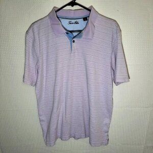 Tasso Elba Men’s L Polo Shirt Purple Stripe 100% Cotton Short Sleeve Casual